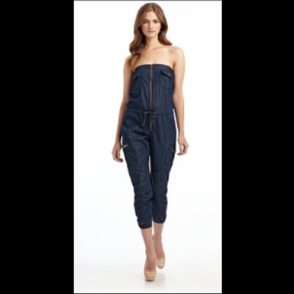 YFB Young Fabulous & Broke Denim Strapless Jumpsuit Dark Denim 4 Cargo Pockets - Picture 1 of 12